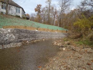 In some cases gabion baskets, woven mesh wire filled with stone, may be necessary to arm steep streambanks and protect them from erosion